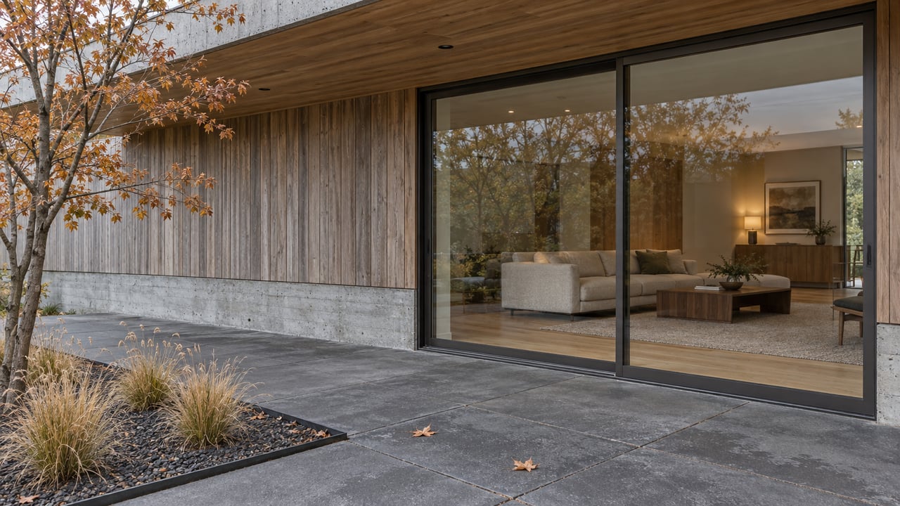 Covered contemporary terrace with weathered cedar, concrete paving, closed glass doors and copper autumn maple leaves.