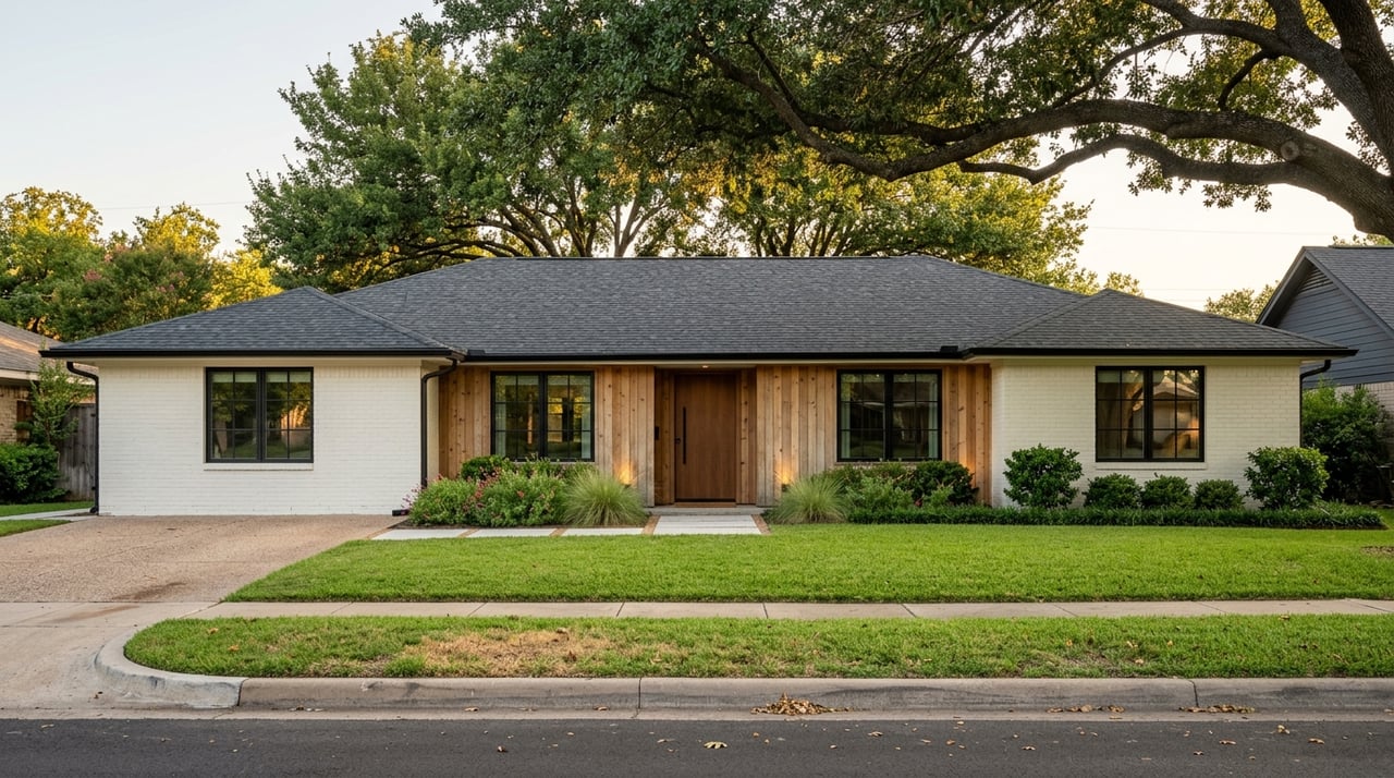 Renovated ranch home with a broad canopy over the entrance.