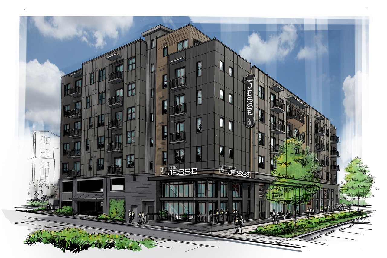 Exterior view of 730 Main Street, Nashville TN—modern mixed-use development with residential units and retail space.