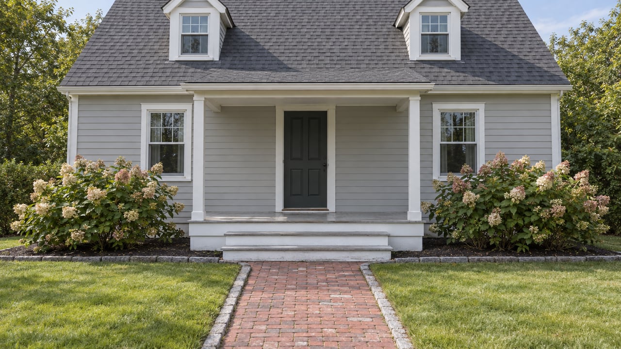 Gray clapboard house with two dormers, a small white porch, brick approach and flowering hydrangeas beside a front lawn.