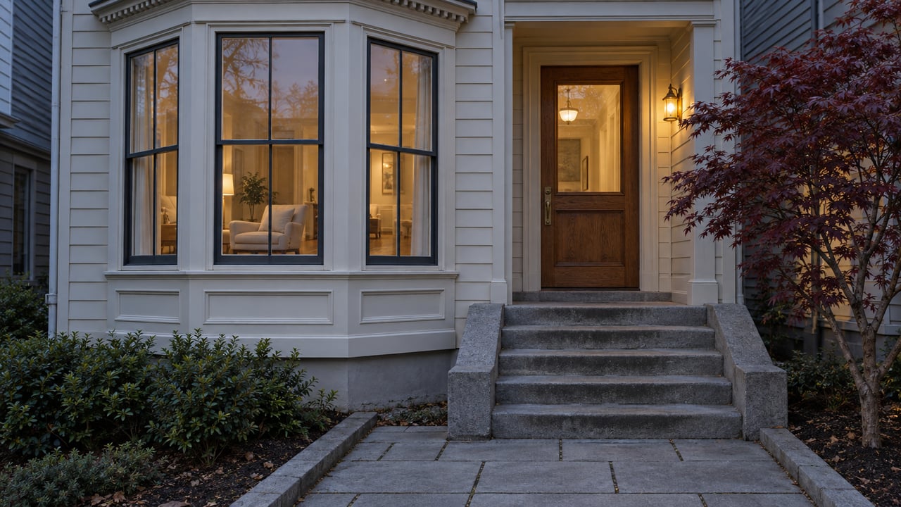 Ivory wood-sided home at blue hour with glowing bay windows, an oak front door, worn stone steps, and one burgundy Japanese maple.