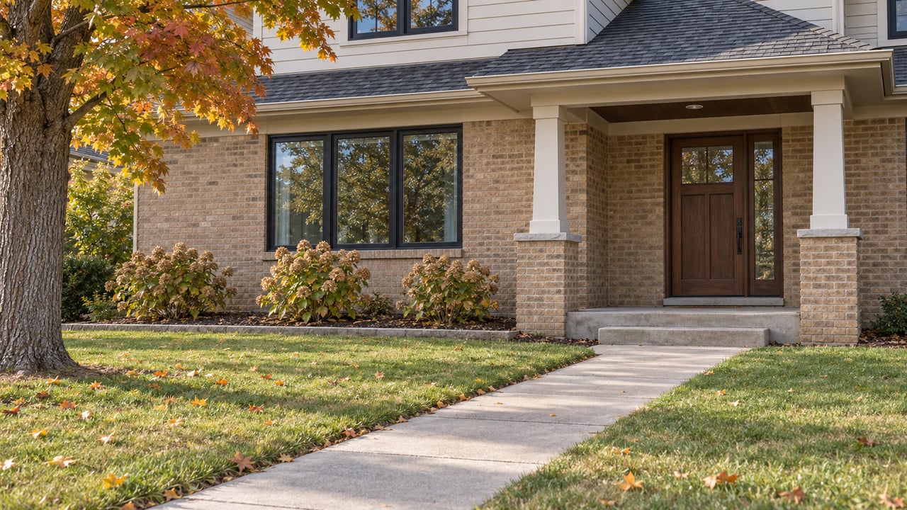 Morning light on a brick and cream-sided home with a deep front lawn, concrete approach and a mature maple turning copper.