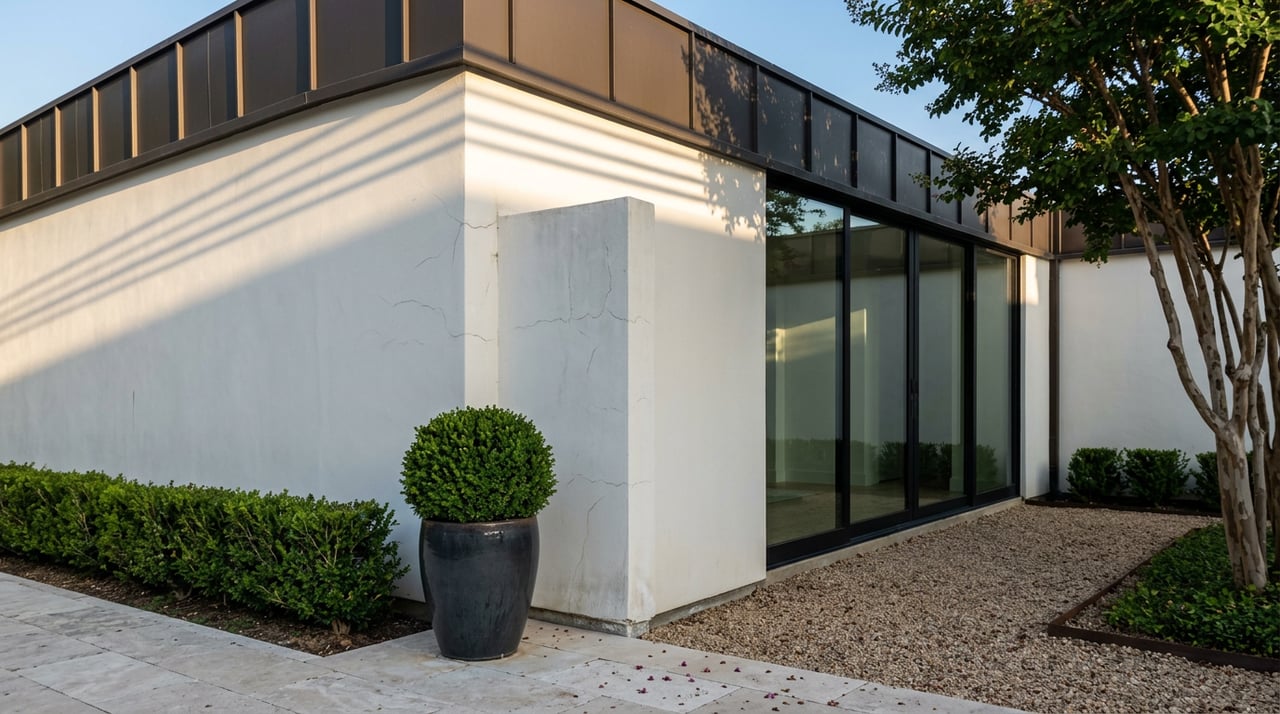 Contemporary stucco estate corner with black-framed glass slider, clipped boxwood, and crape myrtle above limestone pavers.