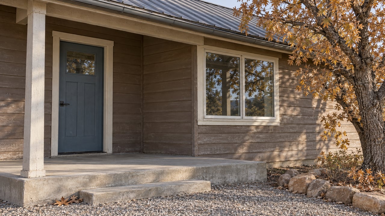 Covered home entry with faded brown wood siding, a muted blue door, concrete step, gravel approach, and tawny oak leaves.