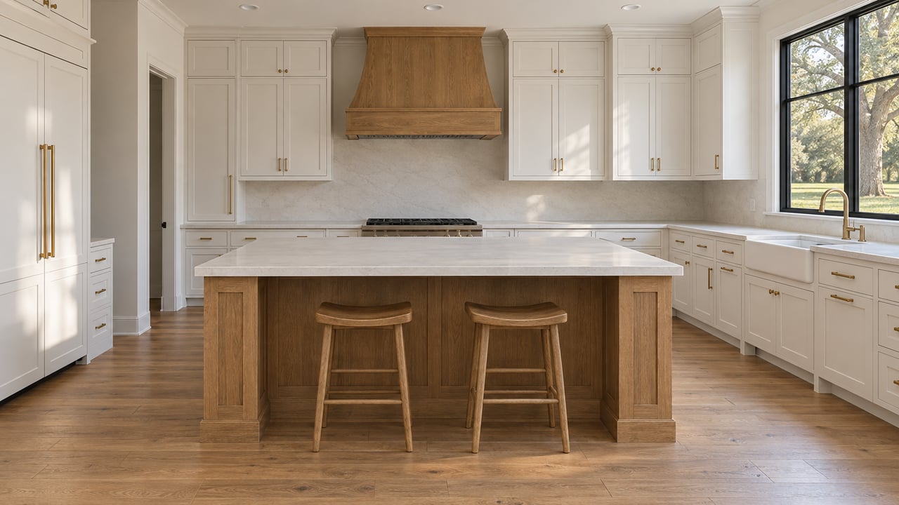 Spacious kitchen with a large oak island, white shaker cabinets, and a black-framed window overlooking trees.