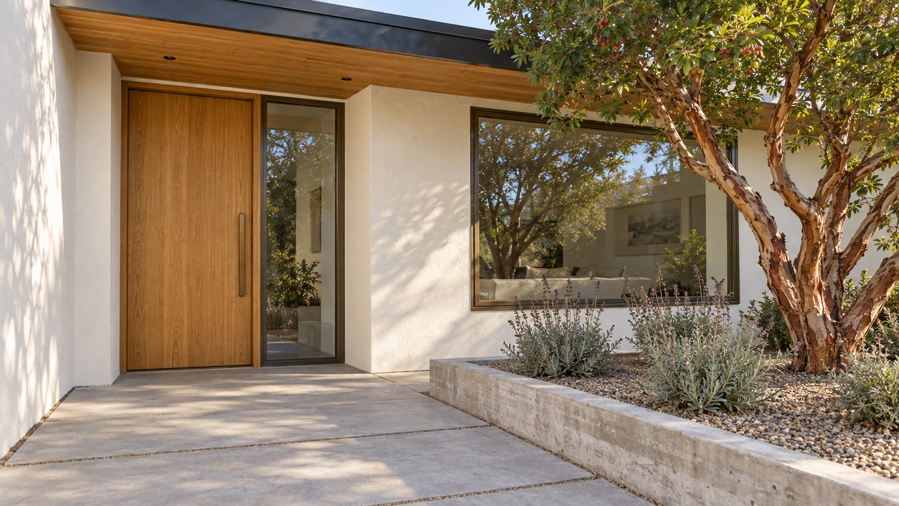Close view of a timber front door, warm-white stucco and bronze-framed windows beside a sculptural strawberry tree and concrete approach.
