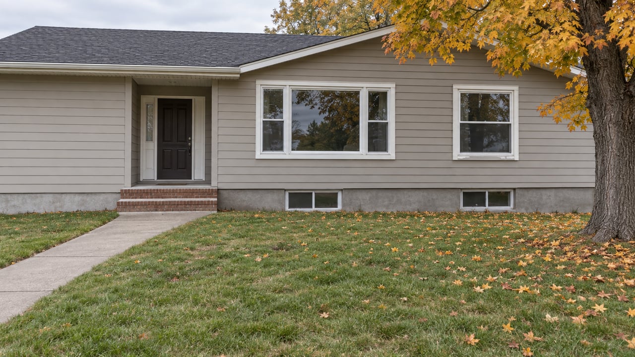 Split-level home with greige siding, brick stoop, diagonal concrete walk, and a yellow-orange autumn tree.