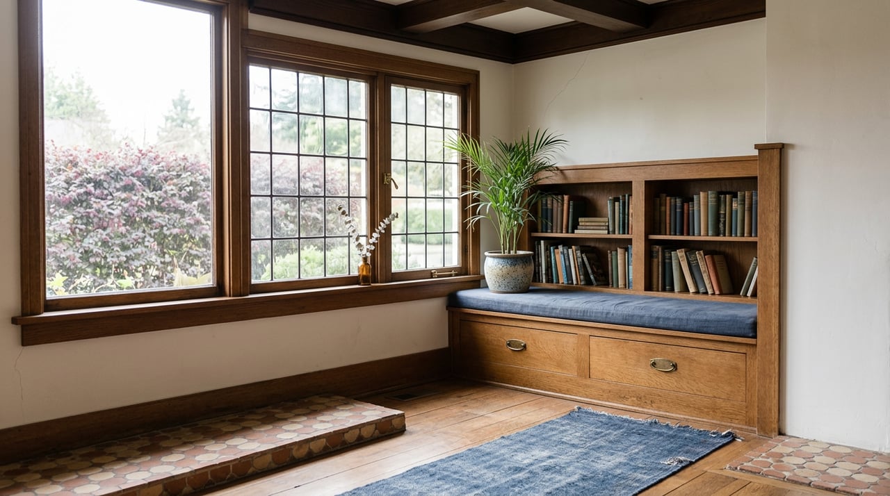 Built-in oak reading nook with leaded-glass window, bookshelves, tiled hearth, and a potted palm.