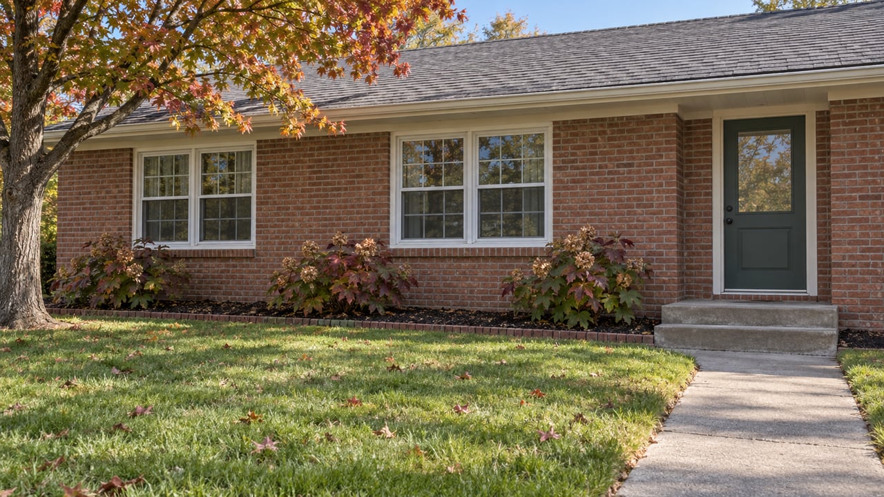 A modest brick ranch with white-grid windows, a concrete entry walk, and a deep autumn lawn beneath a red maple.