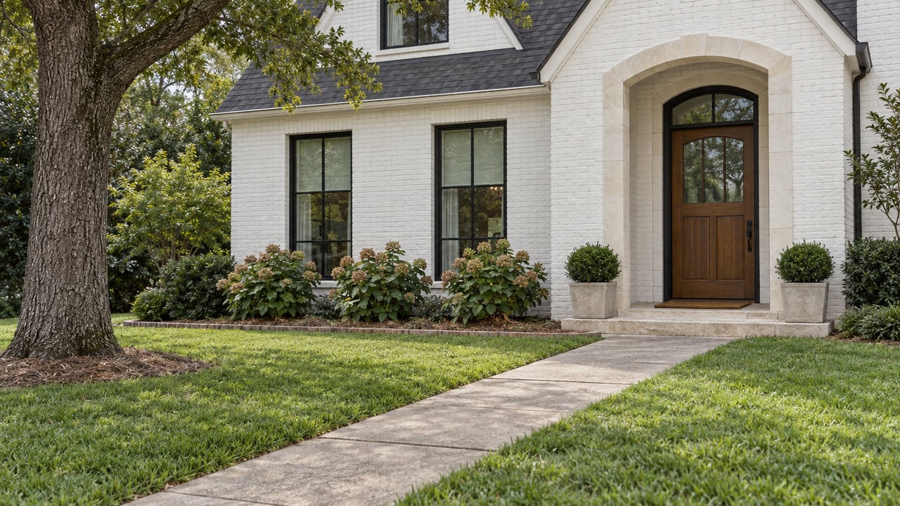 White-painted brick home with an arched limestone entry, black-framed windows and a broad lawn beneath a mature oak.
