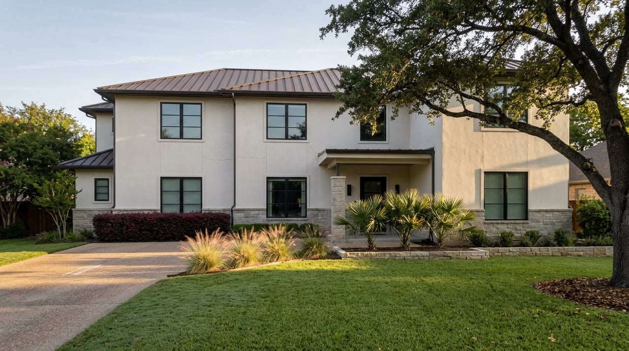 Two-story stucco home with black-framed windows, limestone base, curved driveway, broad lawn, and mature oak.