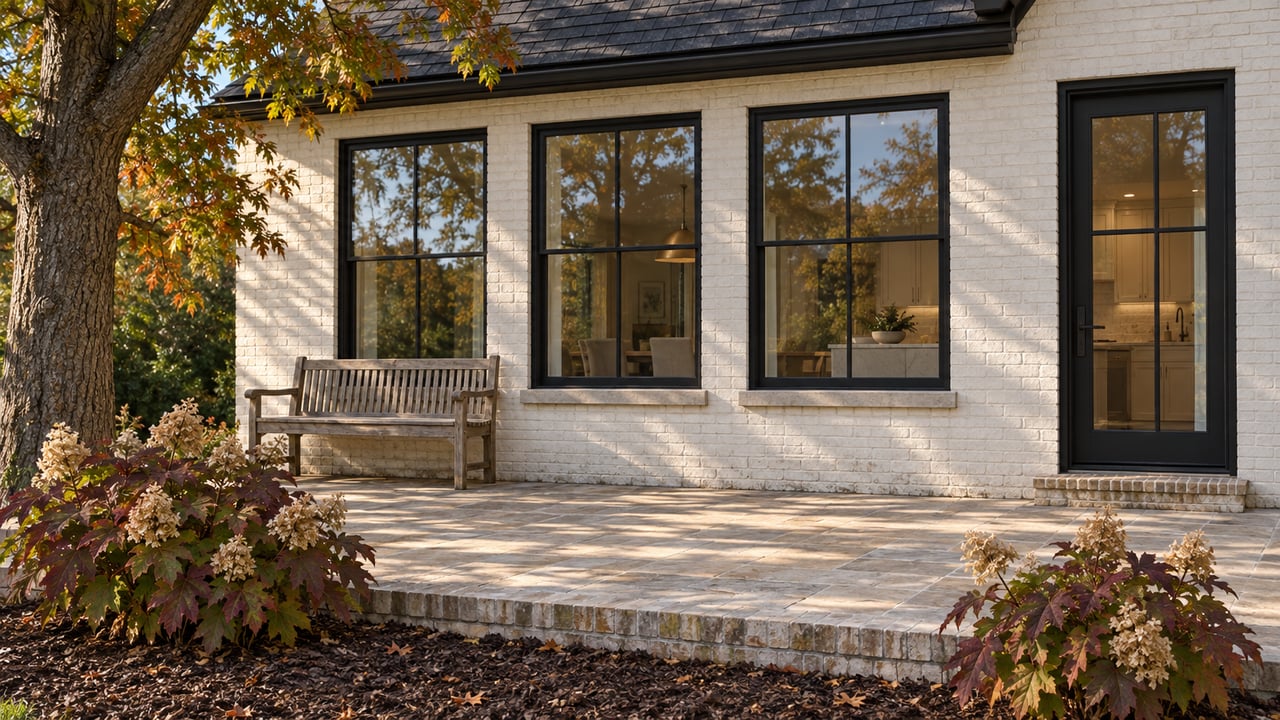 White-painted brick home with tall black-framed windows, a limestone terrace, teak bench, and oakleaf hydrangeas in autumn light.