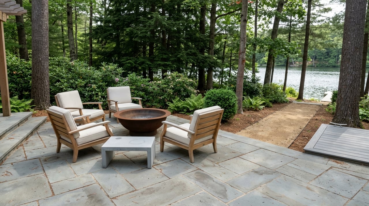 Shoreline terrace with a fire bowl, teak seating, dense trees, and a small dock corner.
