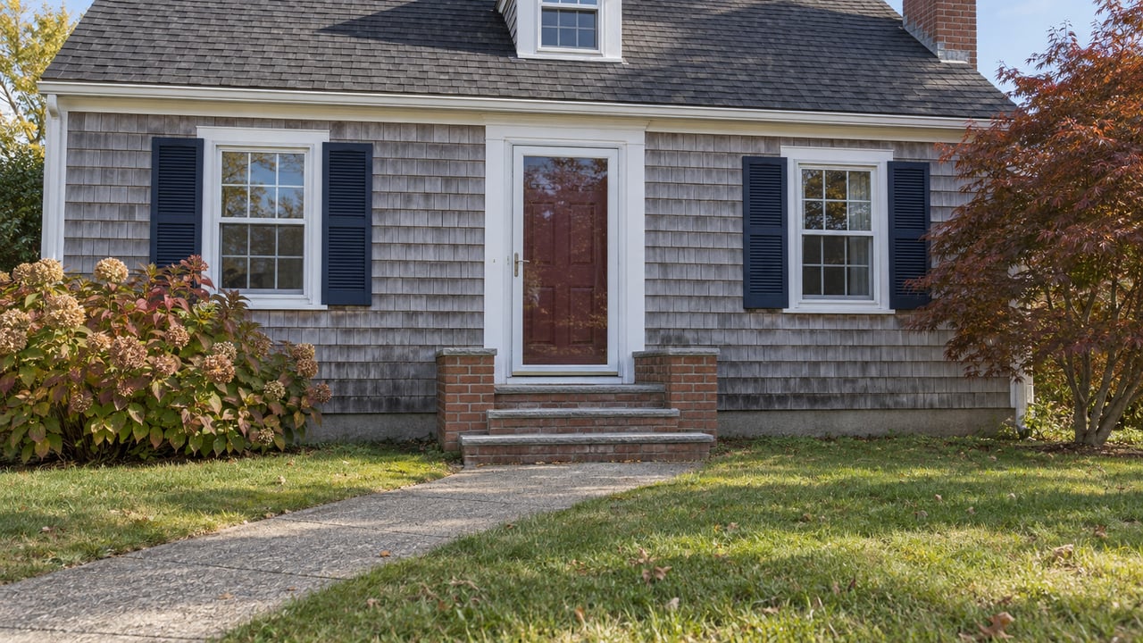 Weathered cedar-shingle home with navy shutters, a burgundy door, brick-and-stone steps and an autumn lawn.