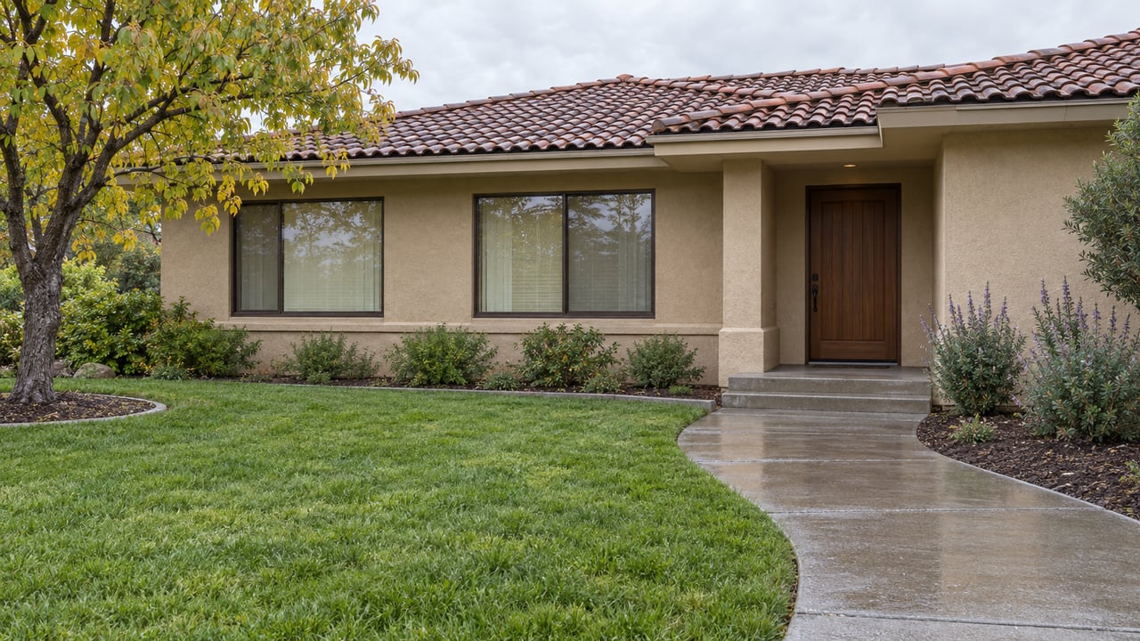 Rain-darkened concrete approach crossing a deep lawn toward a sheltered entry in a sand-stucco home with terracotta roof tiles.