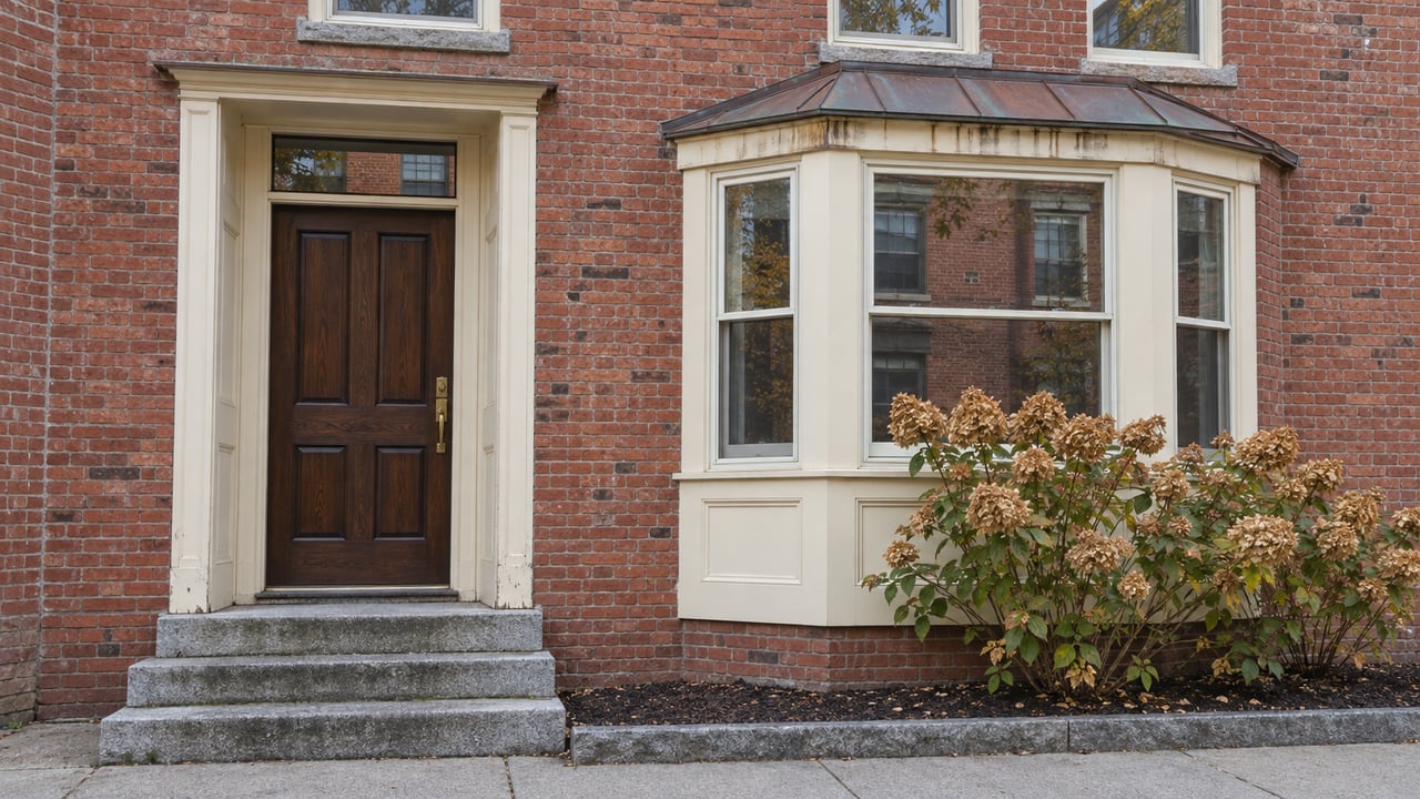 Weathered brick home with an oak entry door, cream-painted bay windows, granite steps and a hydrangea with dried autumn blooms.