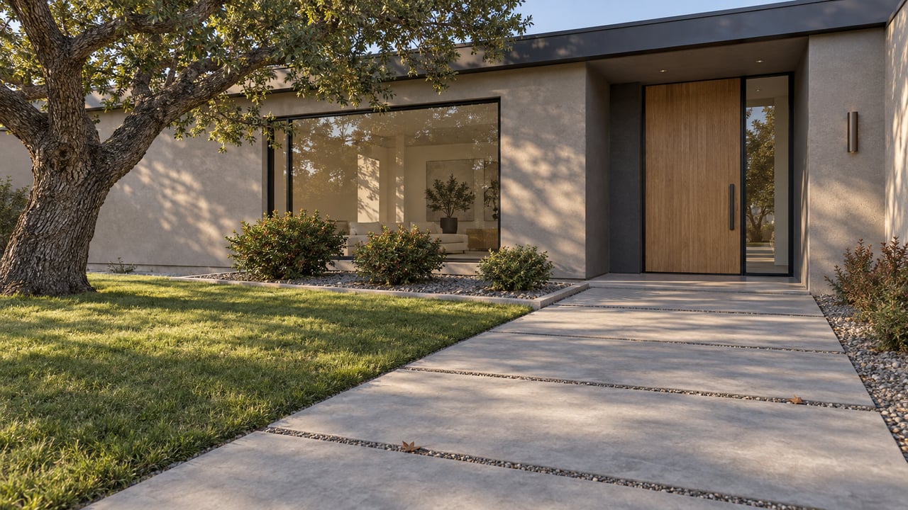 Modern home entrance with a broad concrete path, wooden front door, and mature tree.