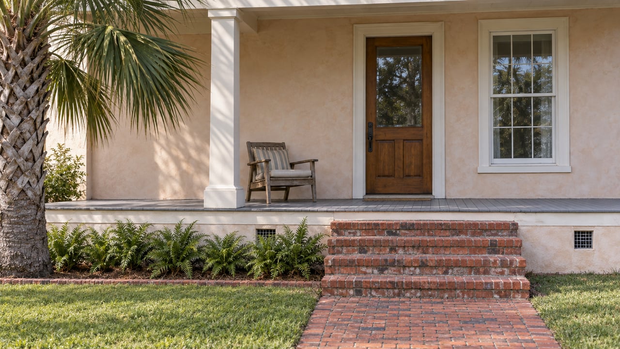 A pale peach home with a covered veranda, brick steps, a teak chair and carefully edged fern planting in soft morning light.