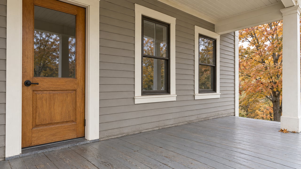 A wood entrance door and two windows beneath a covered porch, with weathered boards and orange maple leaves at the edge.