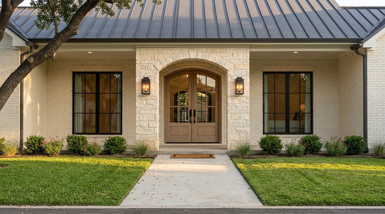 Centered entry approach to an upscale modern farmhouse facade.