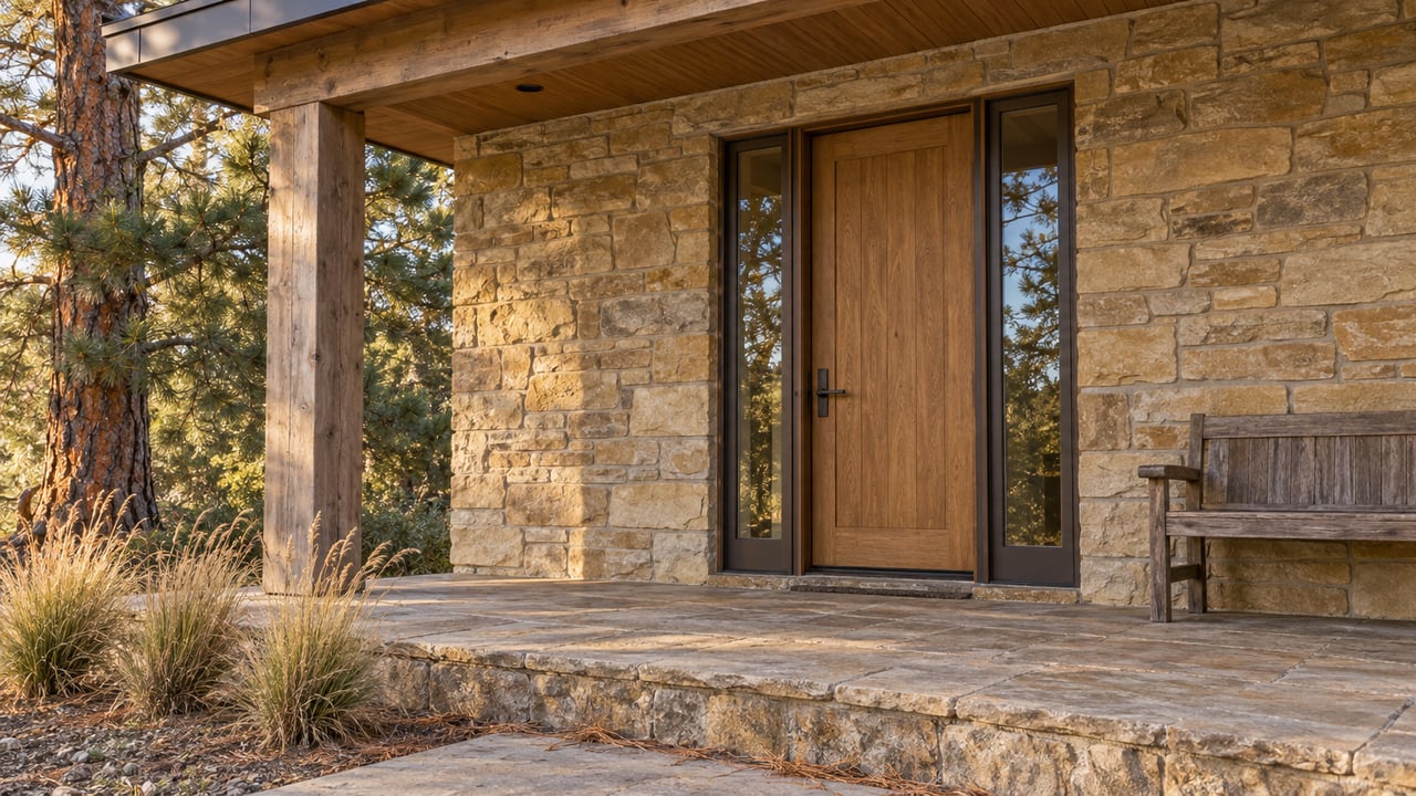 Warm afternoon light grazes a sandstone home's oak entry, timber porch, and weathered bench beside a mature ponderosa pine.