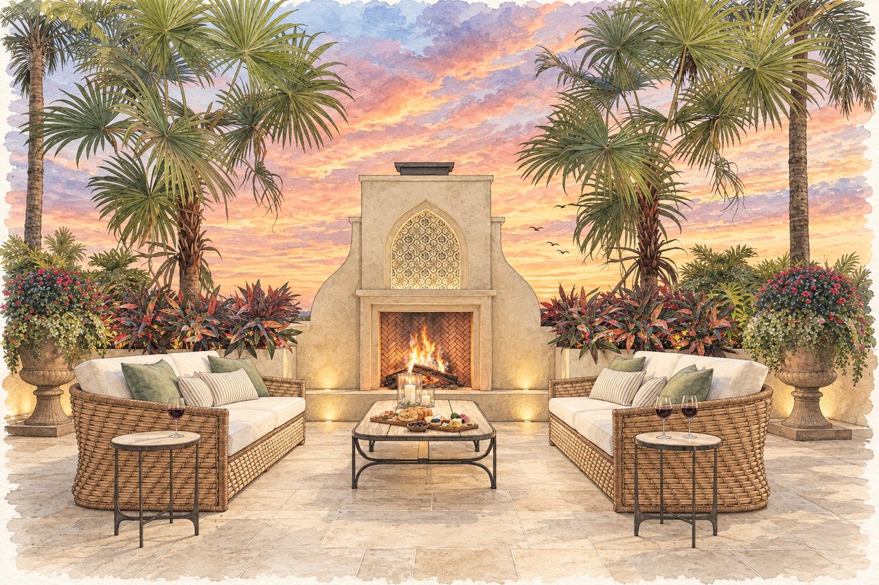 Outdoor patio rendering with a central fireplace, wicker seating, and tropical palms.