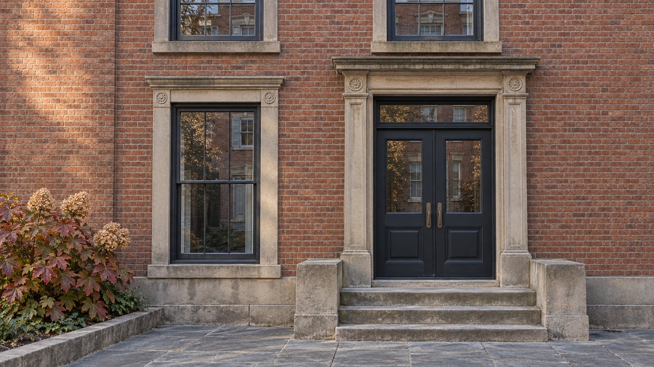 Weathered red brick townhouse entrance with paired dark timber doors, carved sandstone surrounds, bluestone paving and burgundy oakleaf hydrangea.