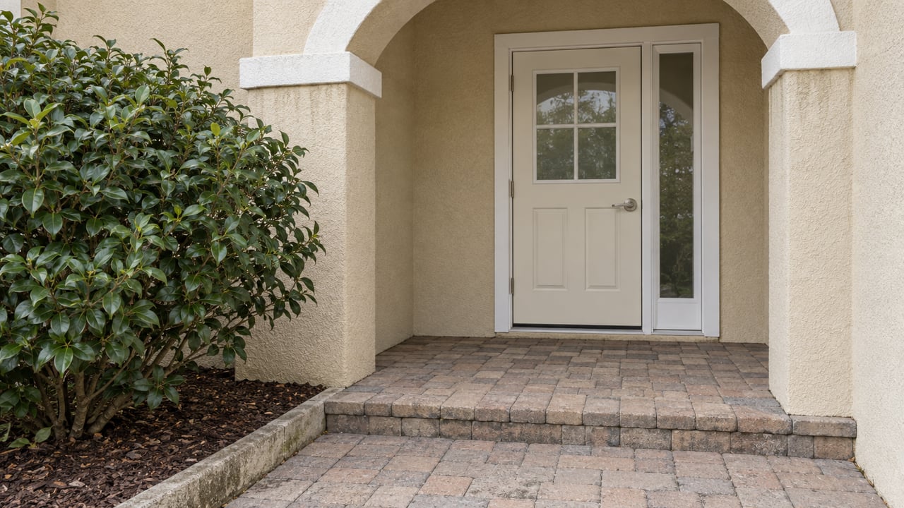 A beige stucco home's arched entrance with a cream glazed door, worn paver approach and a glossy camellia shrub.