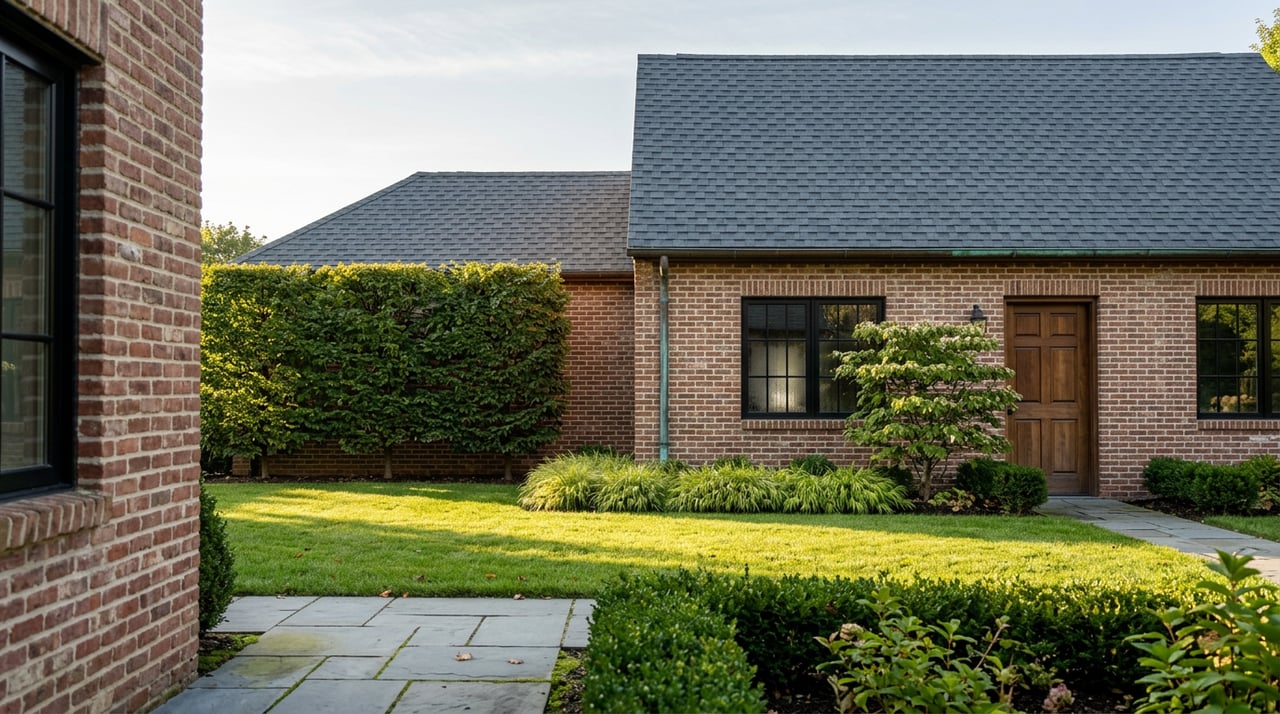 Brick coach house with black-framed windows and a walnut carriage door beside a garden path.