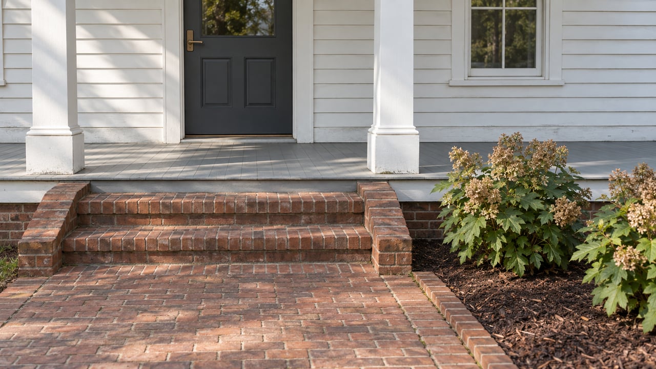 White clapboard home entry with charcoal door, gray porch decking, red-brown brick steps, and oakleaf hydrangeas beside the walk.