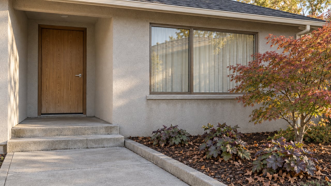 Close view of a stucco home's oak front door, broad window and concrete entry steps beside a Japanese maple.
