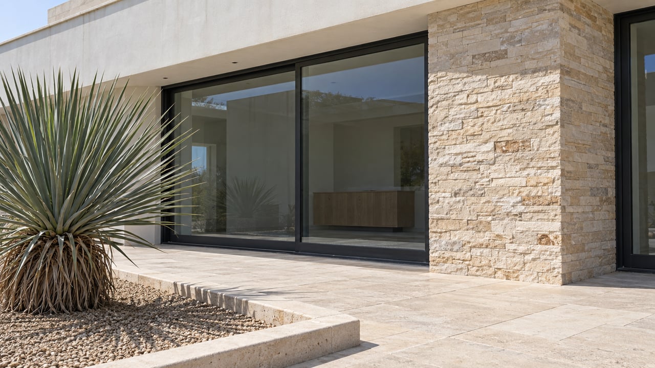 Low-angle view of a contemporary home's limestone terrace, dark-framed glass doors, buff stone pier and a single sculptural banana yucca.