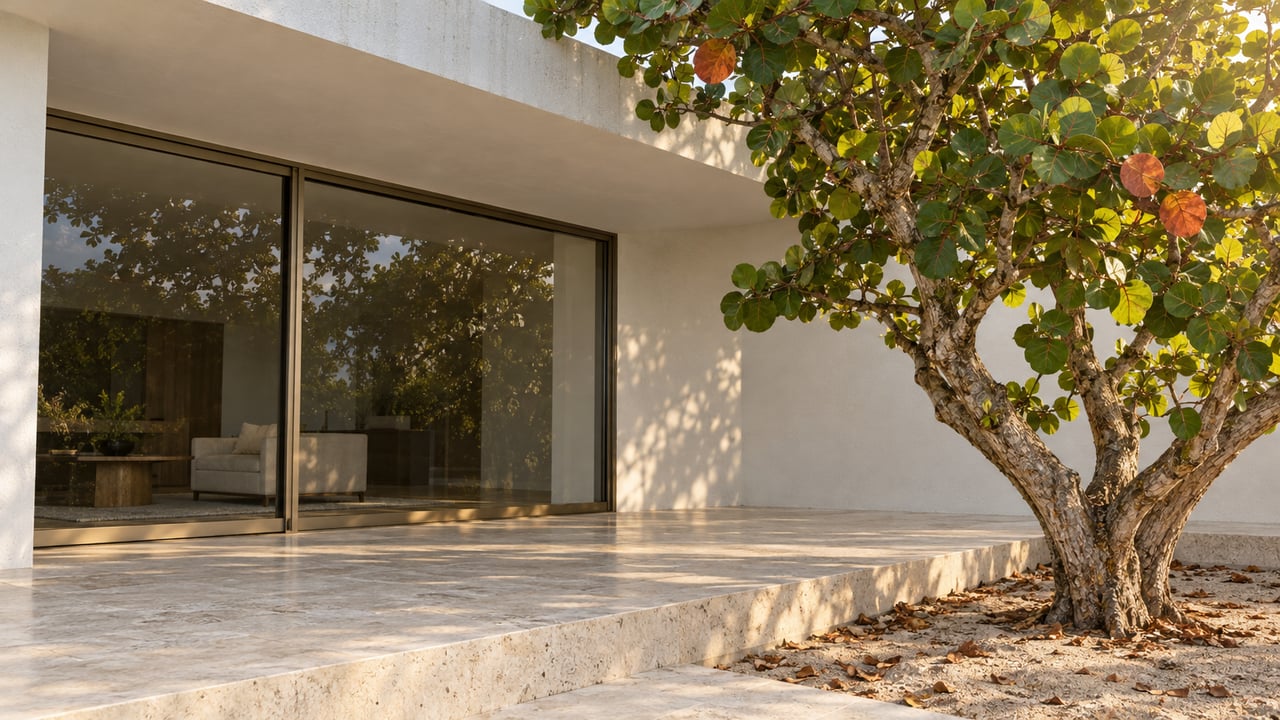 White stucco residence with bronze-framed terrace glazing, pale limestone paving, and a mature sea grape tree in a bordered sandy bed.