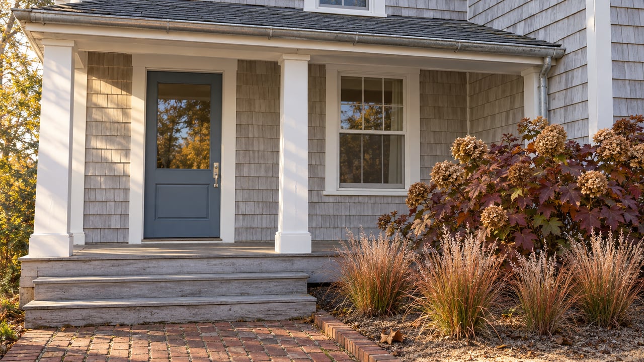 Afternoon sunlight on a pale shingled home's covered entrance, brick approach and burgundy oakleaf hydrangea.