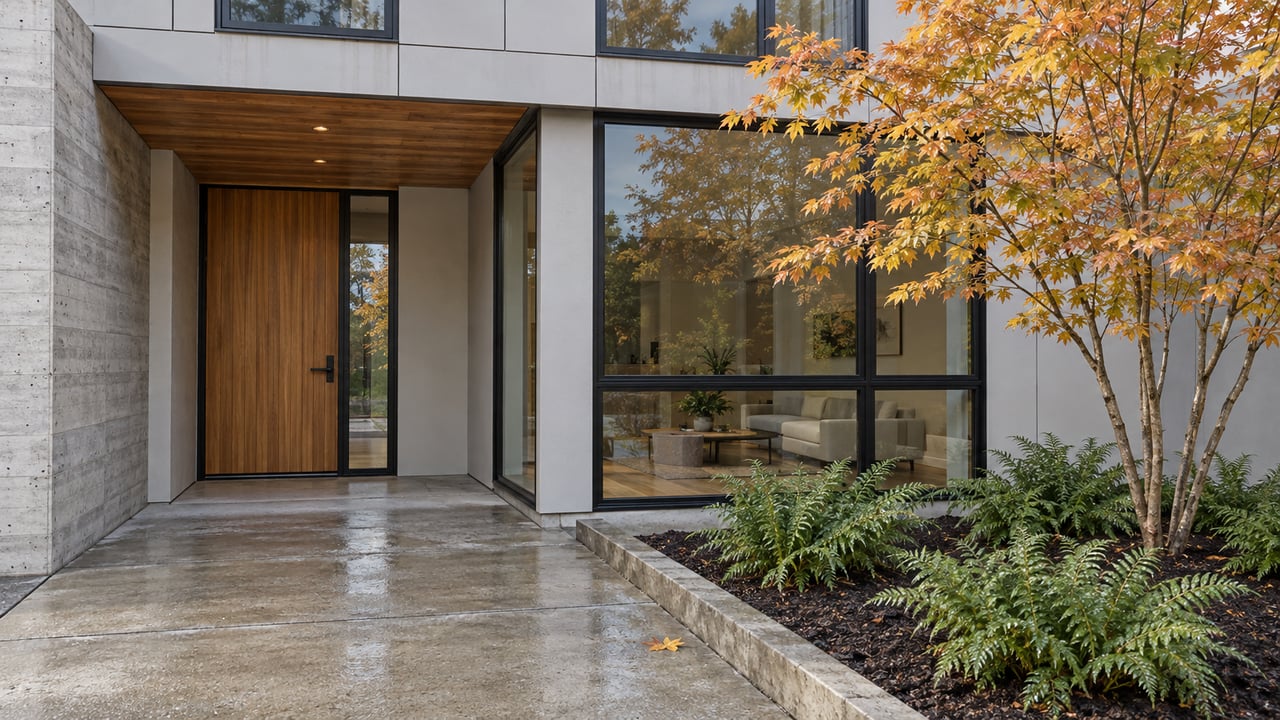 Rain-darkened concrete approach to a cedar entry beside black-framed windows, pale cladding, a copper-leaved vine maple and sword ferns.