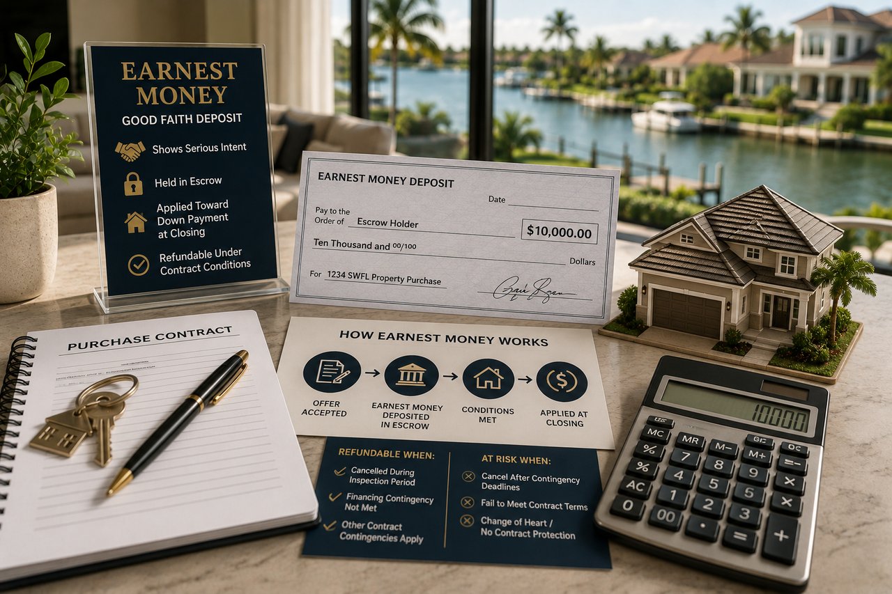 Home buying documents, earnest money deposit paperwork, house keys, calculator, and a model home overlooking a Southwest Florida waterfront, illustrating how earnest money and escrow deposits work in a Florida real estate transaction.