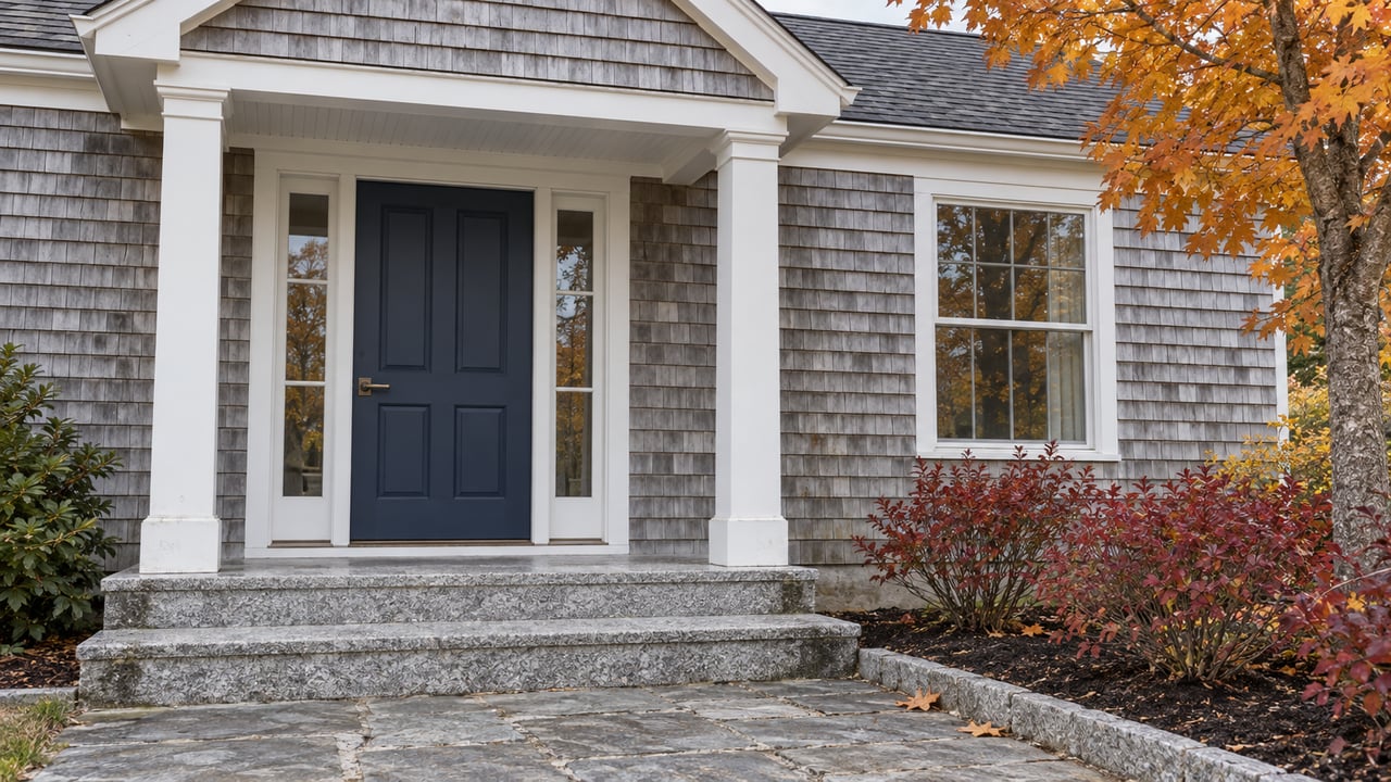 Cedar-shingled home with a navy front door, white trim, granite entry steps and amber maple foliage.