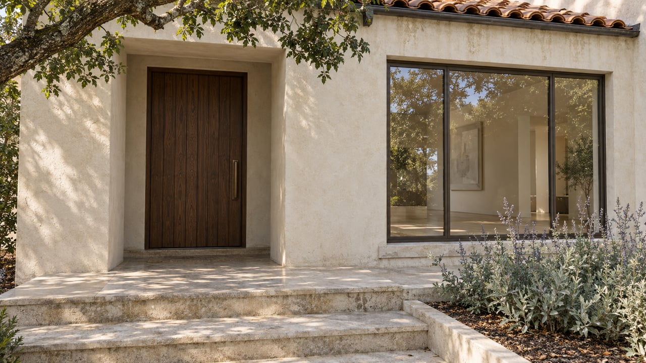 Ivory stucco home entrance with a dark oak door, bronze-framed window and limestone steps beneath an oak branch.