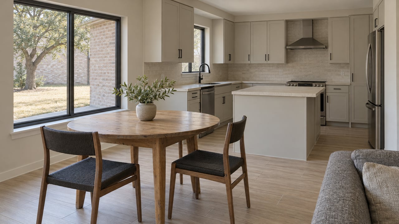 Daylit dining area with an oak table, dark-framed window, and putty-colored kitchen cabinetry in a modest contemporary home.