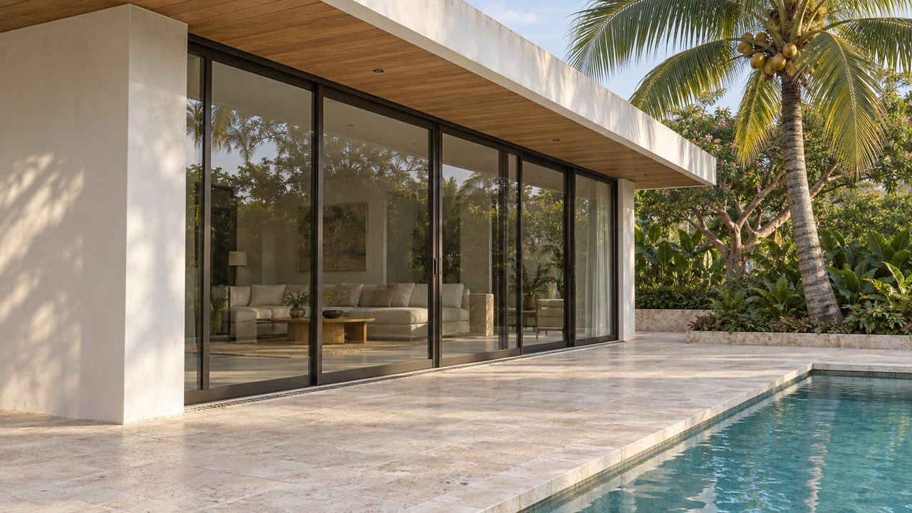Modern villa with closed bronze-framed glass doors, pale stone terrace, and a blue pool beneath a palm.