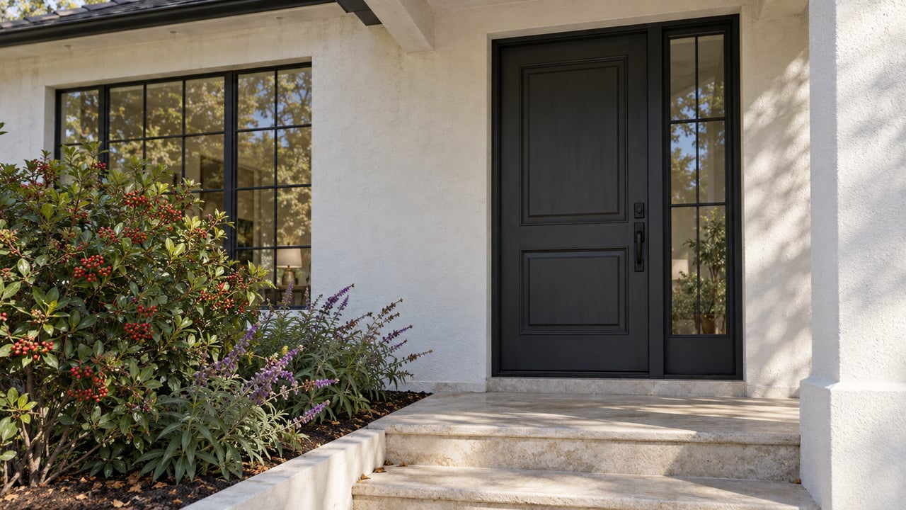 White stucco home entrance with a paneled door, glazed sidelight, limestone steps, and a berry-covered shrub.