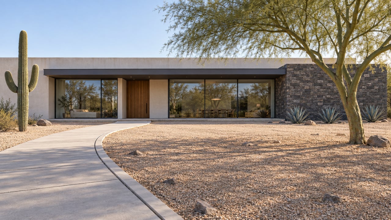 Low contemporary home with stucco, dark masonry and glazed openings beyond a broad gravel forecourt, curved concrete approach, sculptural desert tree, saguaro and agaves.