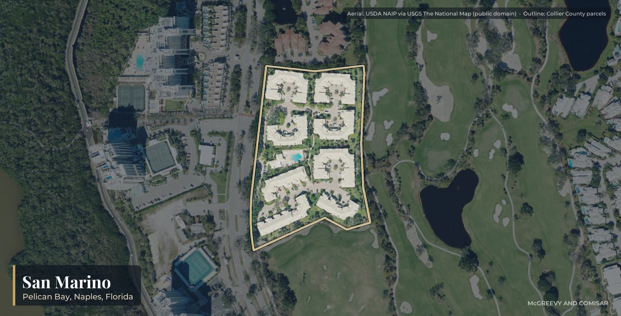 Aerial view of San Marino at Pelican Bay, Naples, Florida, with its parcels outlined