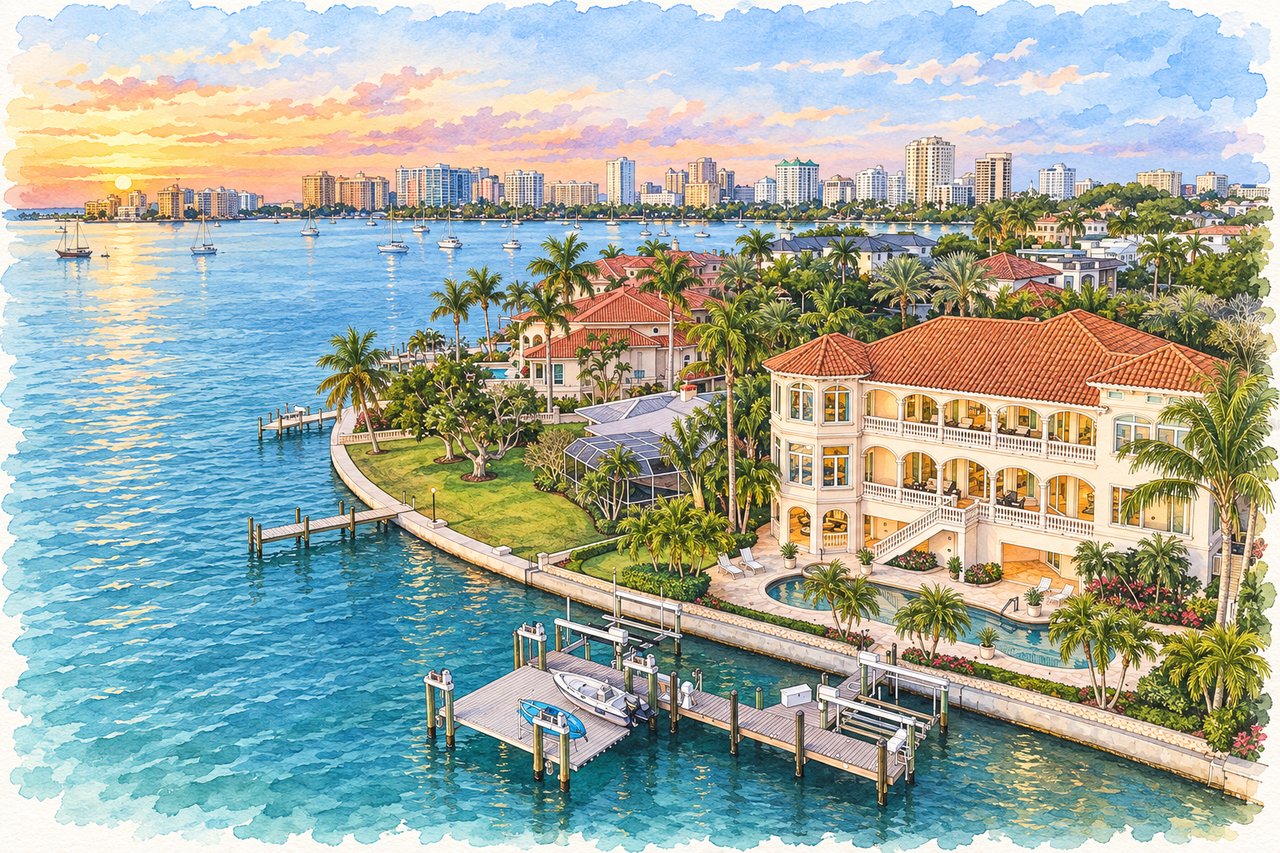 Harbor Acres waterfront estate with docks, boats, palm trees, and a distant city skyline.