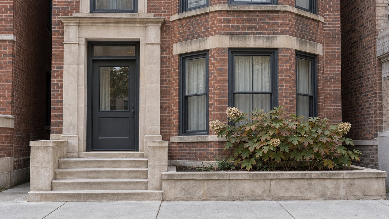 Red-brick residence with a stone-framed entrance, broad steps, bay windows, and a leafy front planter.