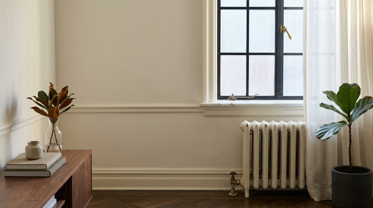 Prewar apartment corner with a steel casement window, cast-iron radiator, herringbone floor, and walnut console.