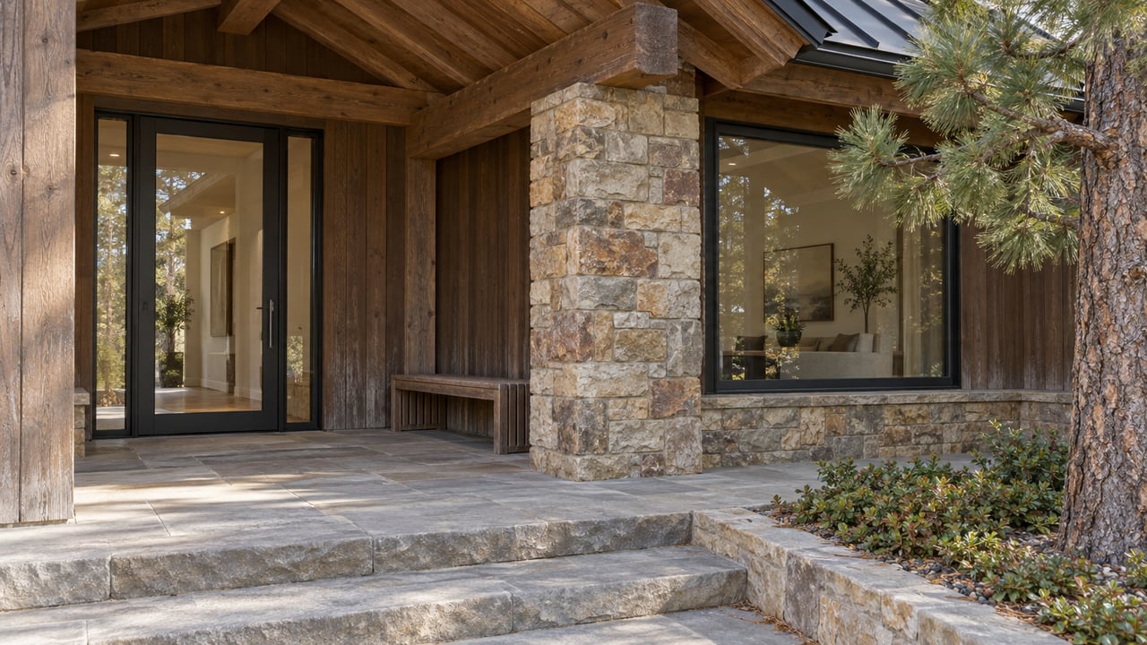 Timber-covered home entry with a stone pier, glazed door, broad sandstone steps and a pine beside the terrace.