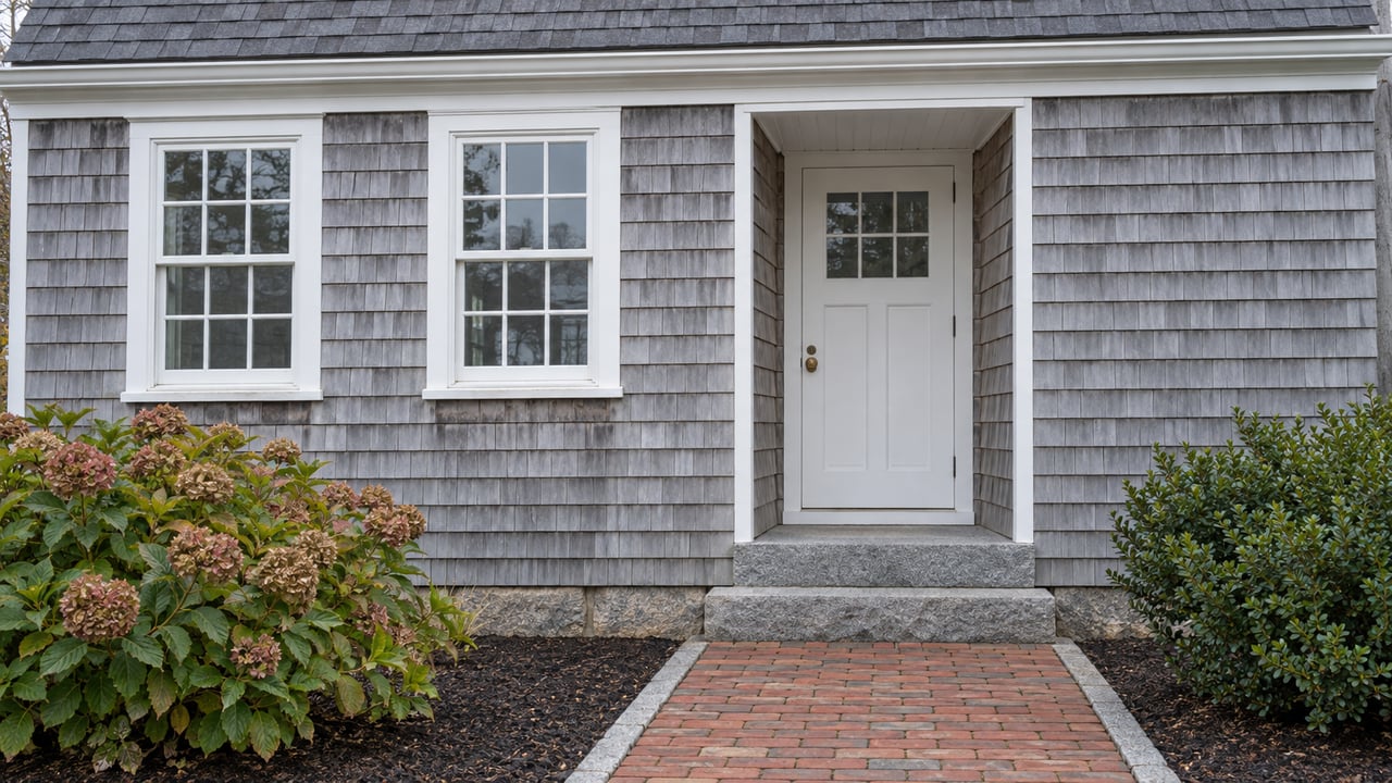 Weathered gray cedar home with a white entry door, sash windows, granite steps and faded hydrangea flowers in soft autumn morning light.
