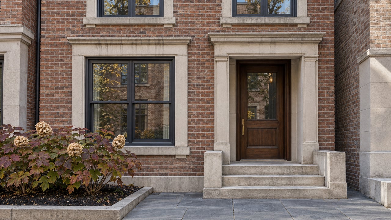 Brick townhouse entry with weathered limestone steps, dark wood windows and an autumn oakleaf hydrangea.