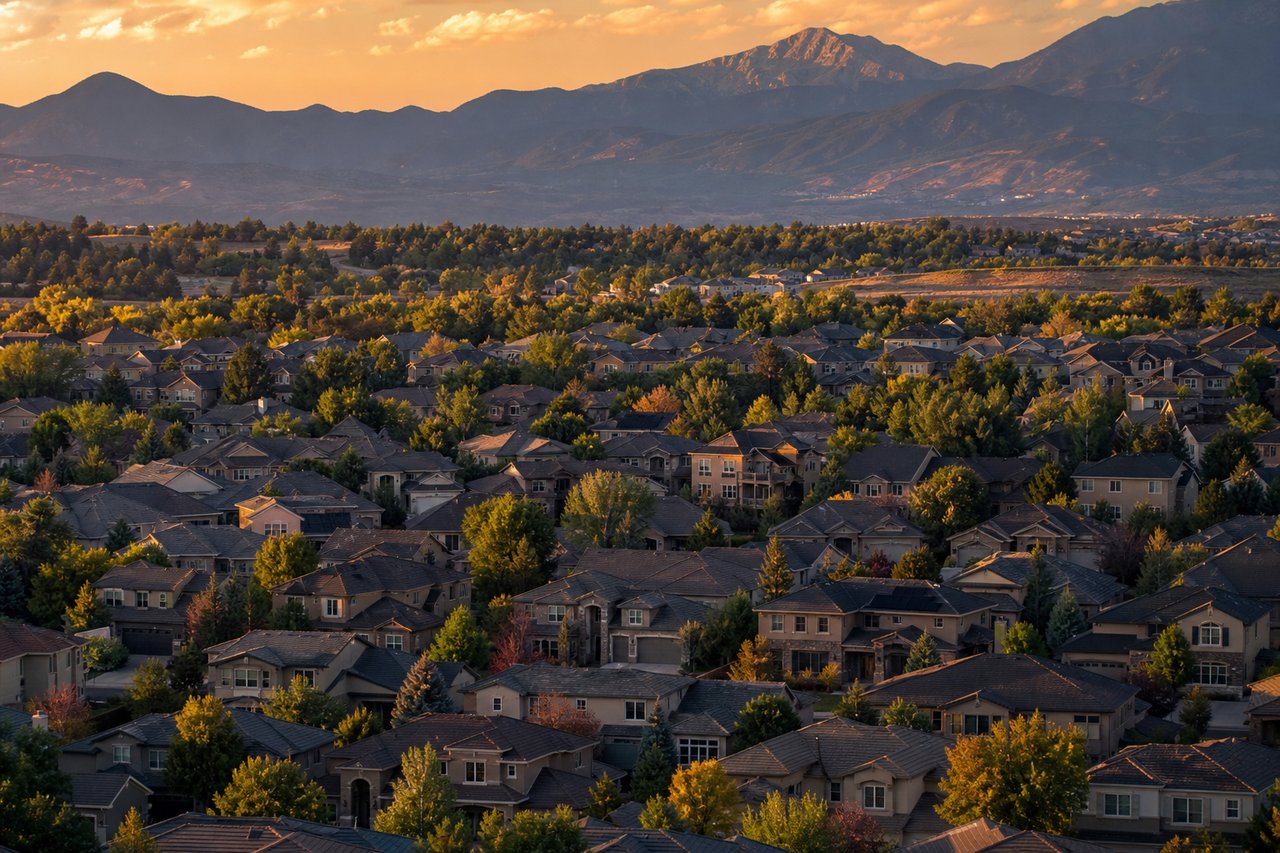 Residential neighborhood and autumn trees beneath a mountain range at sunset.